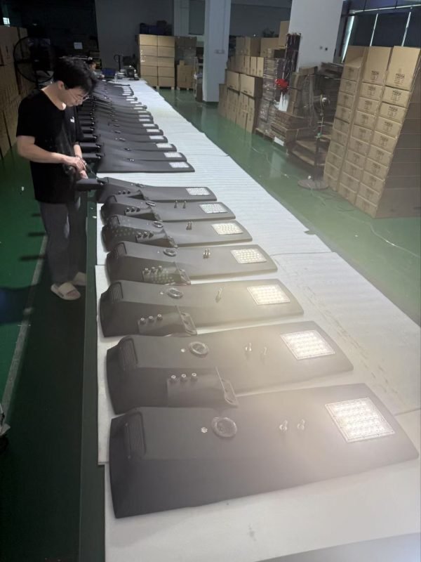 Final quality inspection of a 50W SUNPRO solar powered street light before packaging