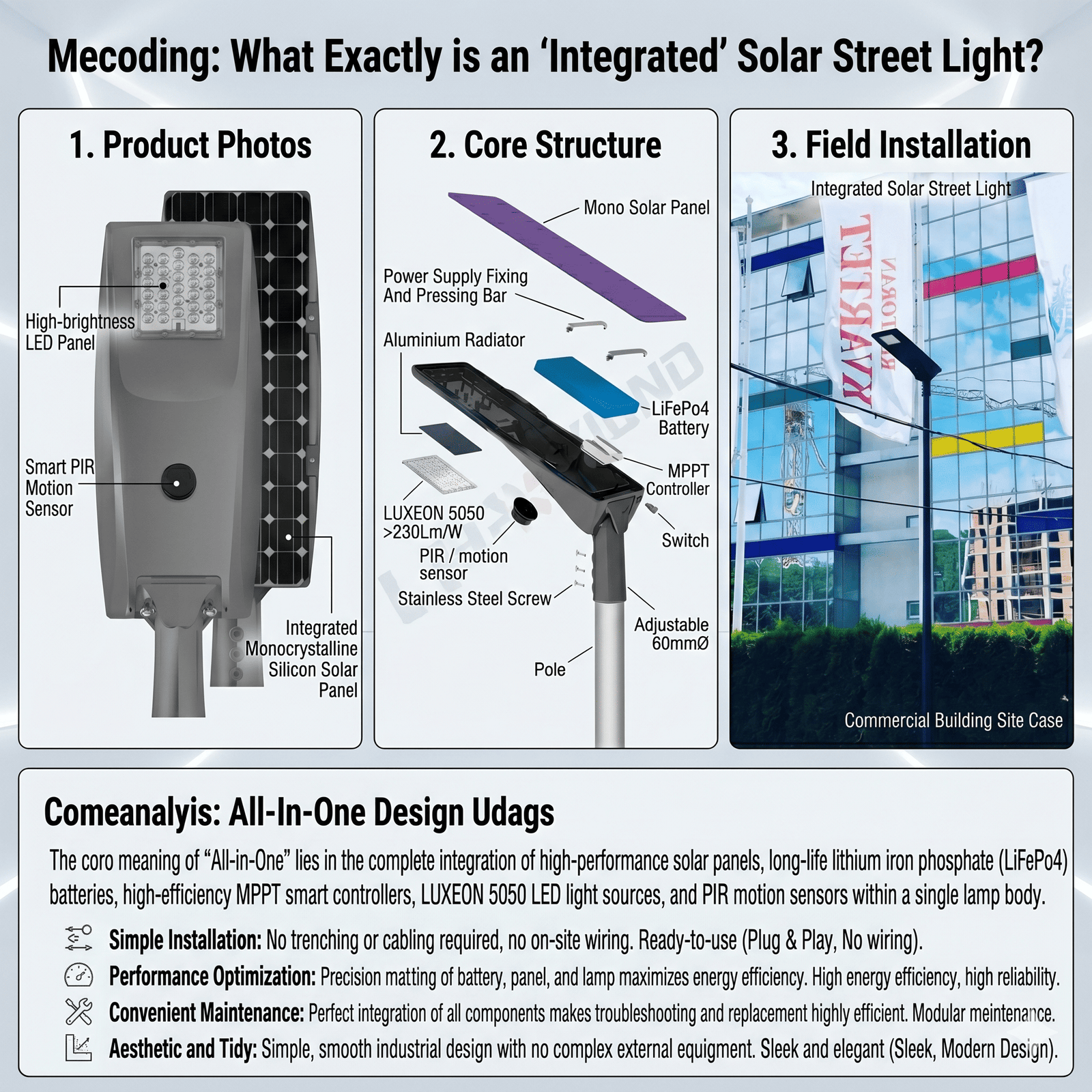 Internal structure of an all-in-one solar street light showing battery and panel integration