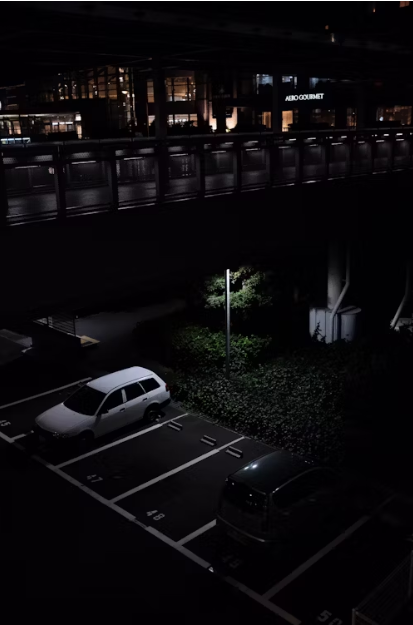 A dark parking lot at night with two parked cars and a single streetlight casting a small pool of light on nearby bushes under an elevated walkway.