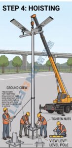 Step-by-step guide on how to install solar street light with pole: Crane hoisting the system while ground crew aligns the base plate for road projects.