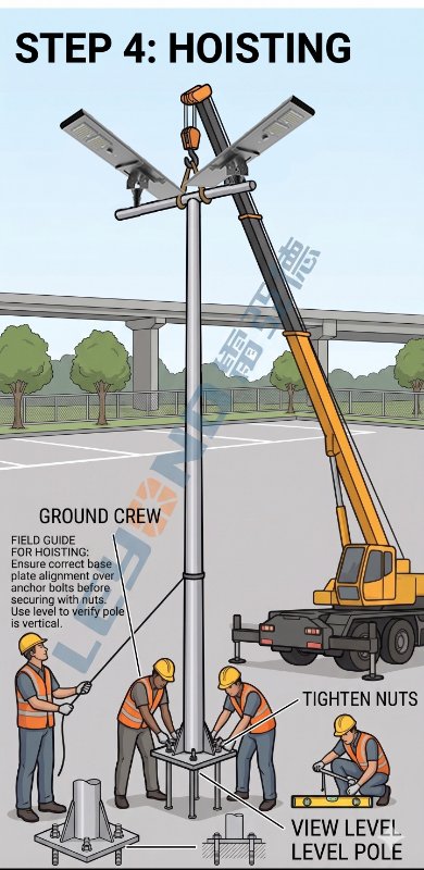 Step-by-step guide on how to install solar street light with pole: Crane hoisting the system while ground crew aligns the base plate for road projects.