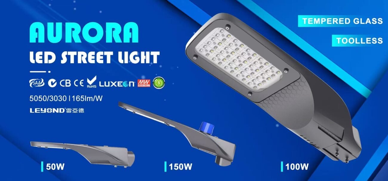 LED street light installed for roadway illumination, featuring energy-efficient design, high-brightness output, and durable construction for long-lasting outdoor performance.