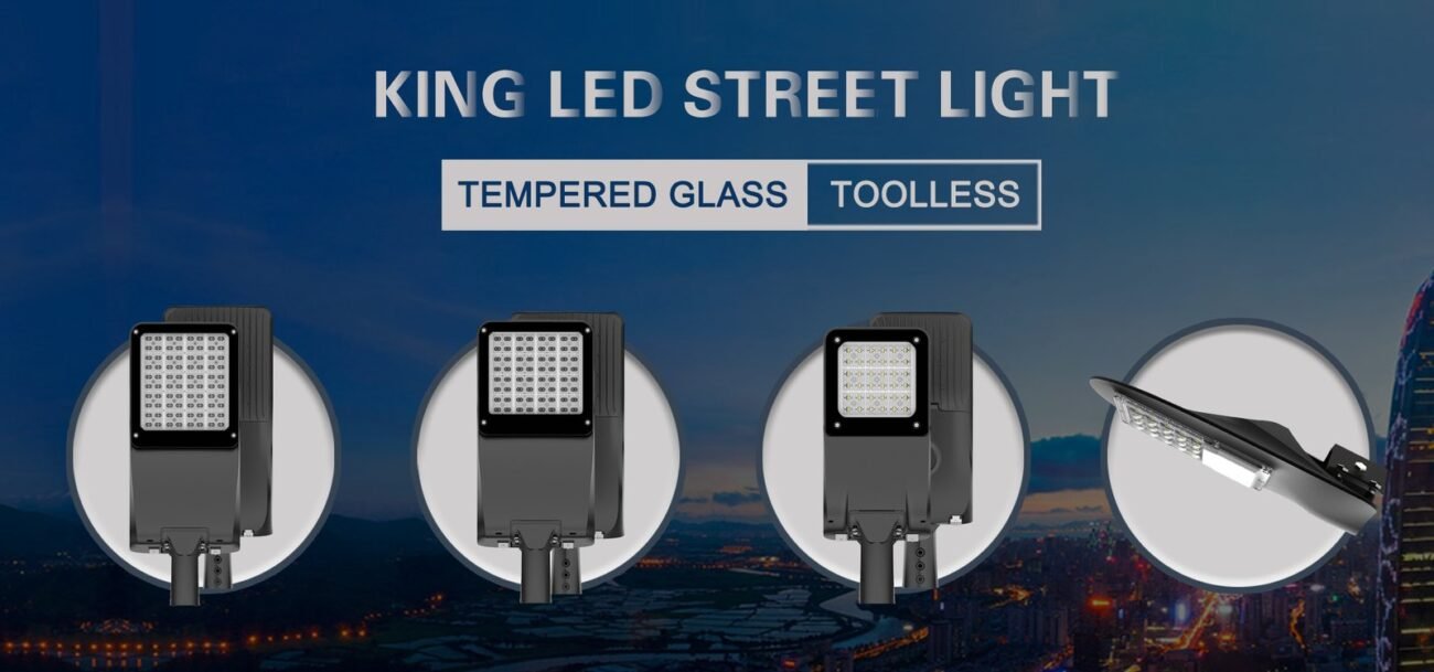 Leyond King LED Street Light featuring a durable tempered glass cover and tool-less opening design for easy maintenance and installation.