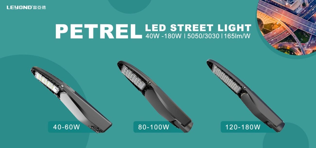 Leyond Petrel LED Street Light series ranging from 40W to 180W. Slim design with ultra-high efficiency of 165lm/W for highway and road lighting.