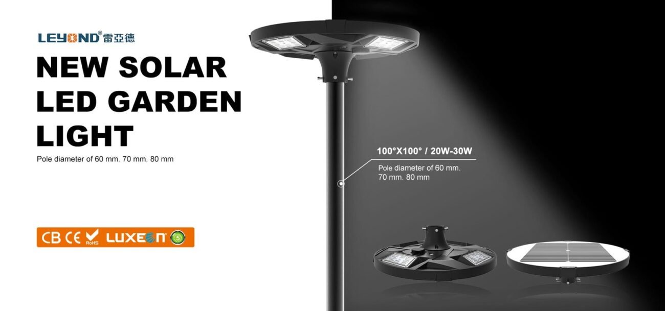 Leyond New Round Solar LED Garden Light (20W-30W) with UFO design, suitable for parks and pathways. CB and CE certified.