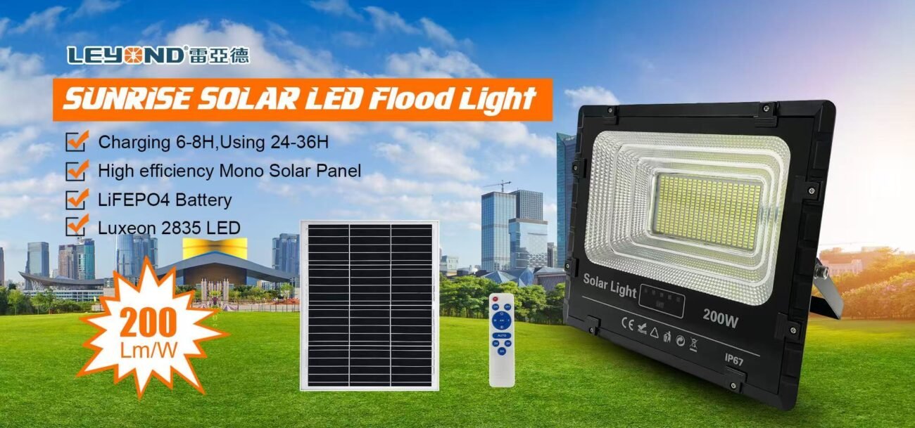 Solar floodlight series with high-efficiency LED, integrated solar panel and battery, providing energy-saving, durable, and bright outdoor illumination for gardens, yards, and sports areas.