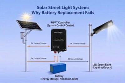 Solar street light system diagram showing solar panel, MPPT controller, battery and LED light, explaining that battery is not the root cause of failure