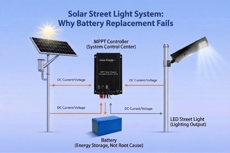 Solar street light system diagram showing solar panel, MPPT controller, battery and LED light, explaining that battery is not the root cause of failure
