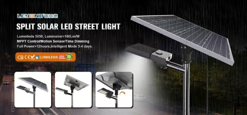 Split-type solar street light series featuring separate solar panels, high-capacity LiFePO4 batteries, and efficient LED lighting.