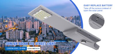 Sunlux series solar street light featuring a modular 6-screw design for rapid battery replacement without opening the panel.