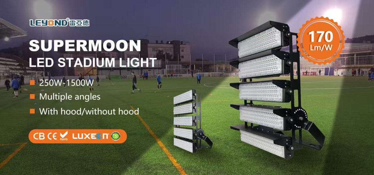 Supermoon LED stadium floodlight series with sleek, modern design and uniform illumination, perfect for tennis courts, sports arenas, and recreational areas.