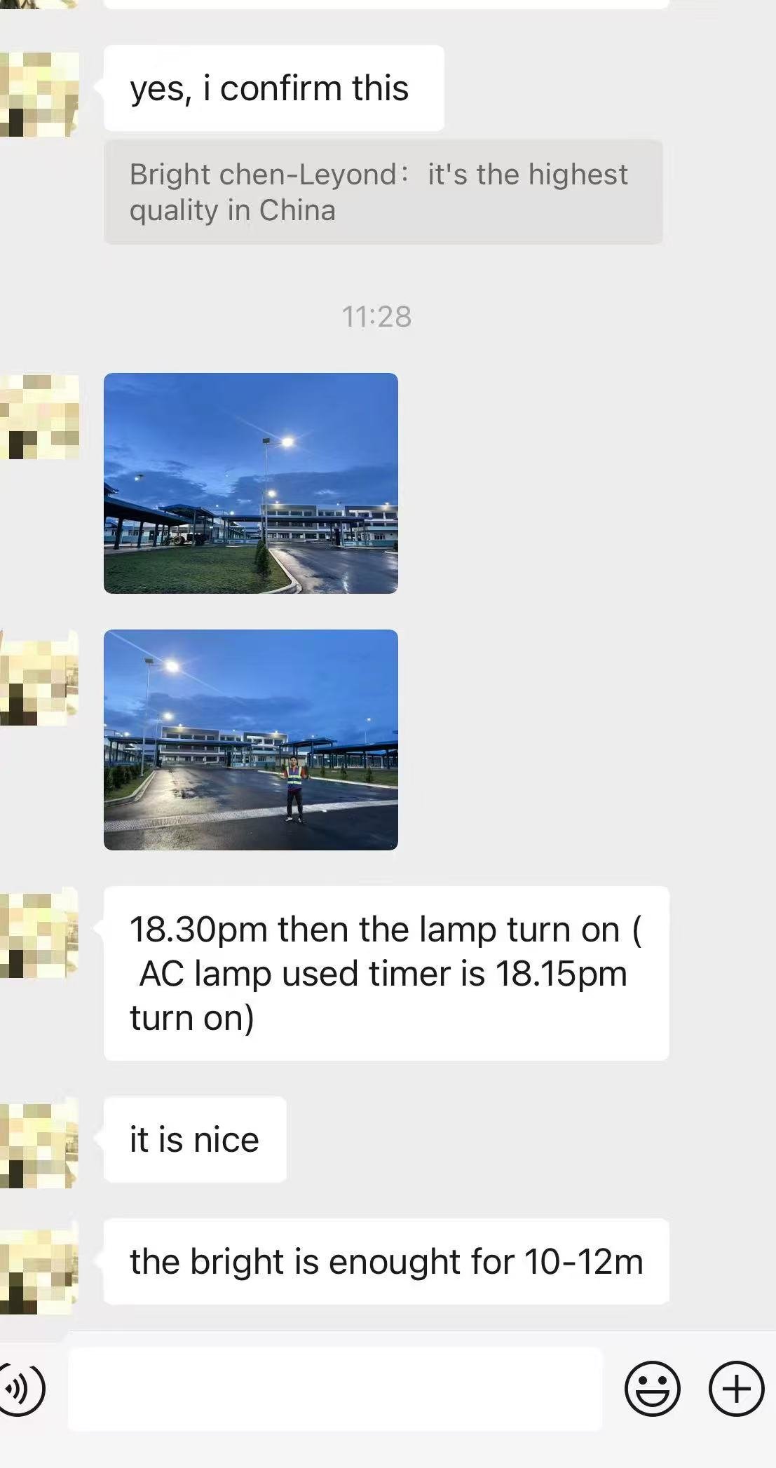 Client feedback confirming brightness and operation time